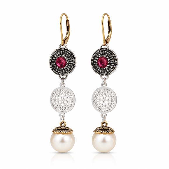 Zara Jewelry - Pearl Drop Dangle Earrings with Pink Crystal Accent